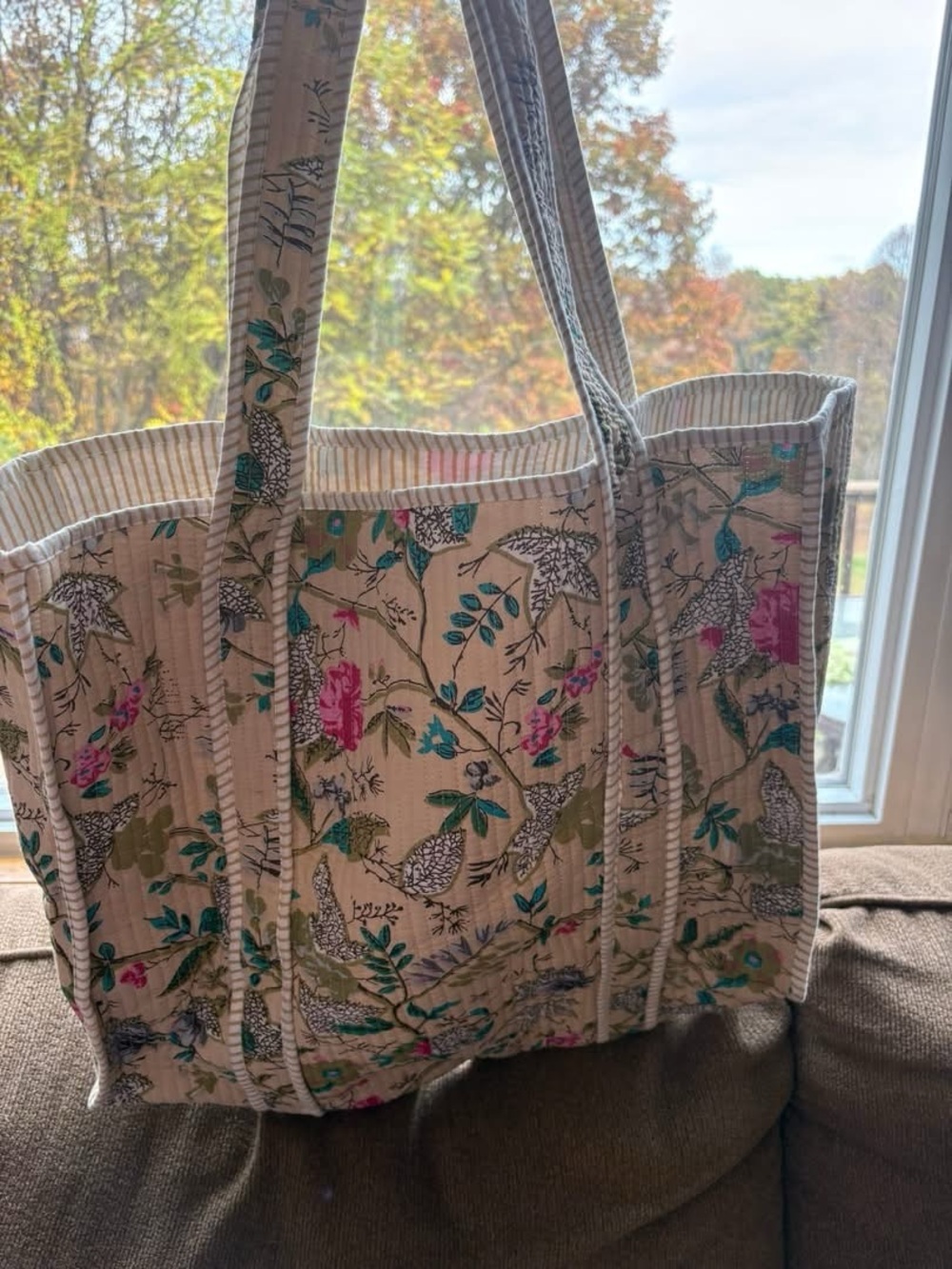 Floral Quilted Tote Bag in Cream with Pink & Teal Accents large
